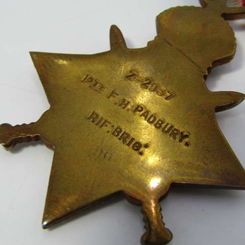 WW1 Death Plaque and trio medal set issued to Z/2937 Private Frank Henry Padbury , Rifle Brigade