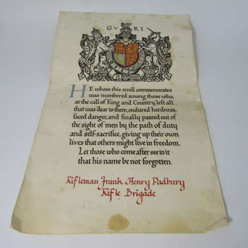 WW1 Death Plaque and trio medal set issued to Z/2937 Private Frank Henry Padbury , Rifle Brigade