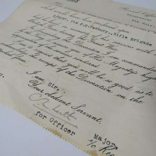 WW1 Death Plaque and trio medal set issued to Z/2937 Private Frank Henry Padbury , Rifle Brigade