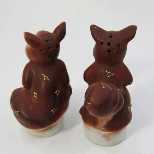 Vintage oriental squirrel salt and pepper shakers with mustard pot on stand