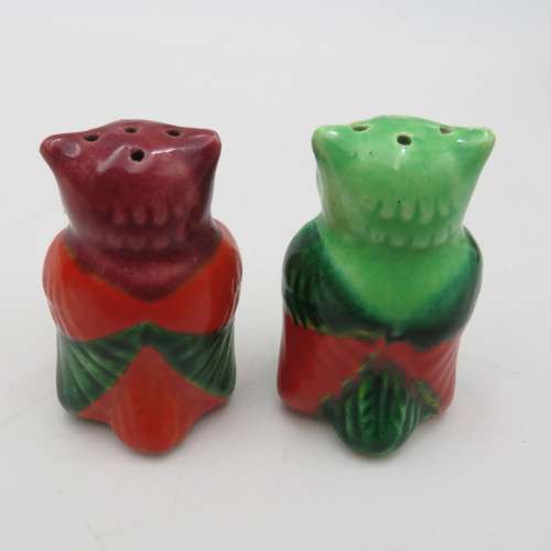 Pair of vintage owls salts and pepper shakers with mustard pot on stand