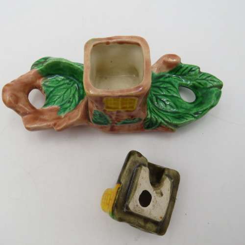 Pair of vintage owls salts and pepper shakers with mustard pot on stand