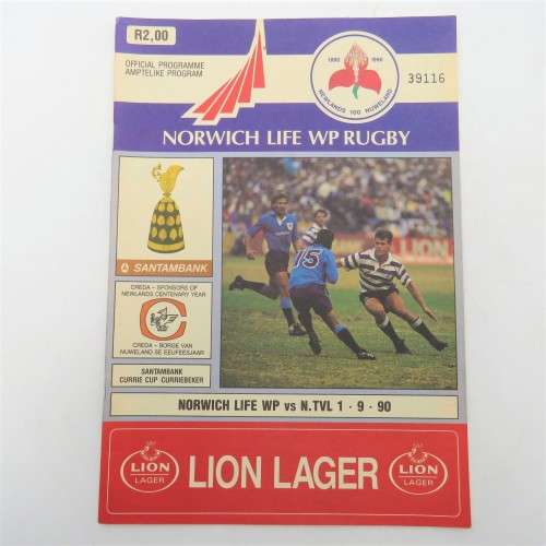 WP Rugby official programme - Norwich Life WP vs Northern Transvaal 01 September 1990