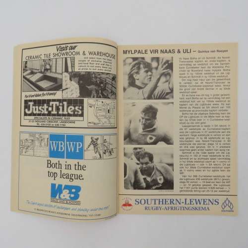 WP Rugby official programme - Norwich Life WP vs Northern Transvaal 01 September 1990