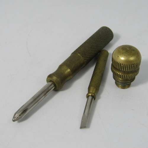 Vintage Elweco brass mini hammer with screwdrivers in handle