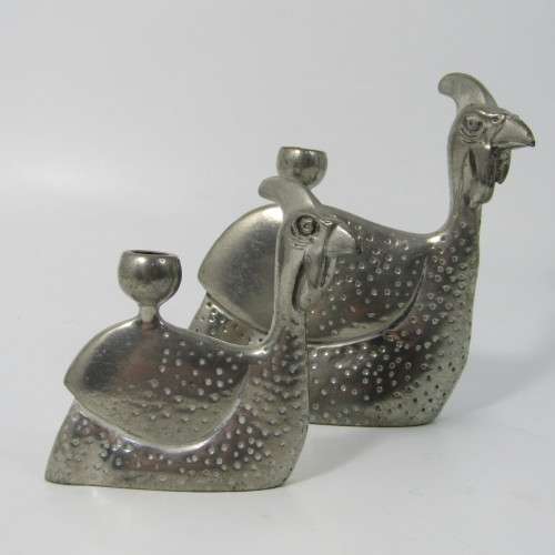 Pair of white metal guinea fowl candle holders