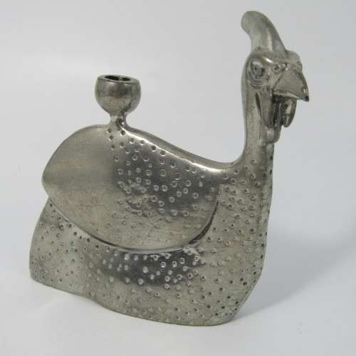 Pair of white metal guinea fowl candle holders