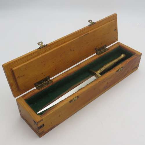 Handmade WW2 style Fairbairn Sykes fighting knife with brass handle in wooden box by Riaan Ras