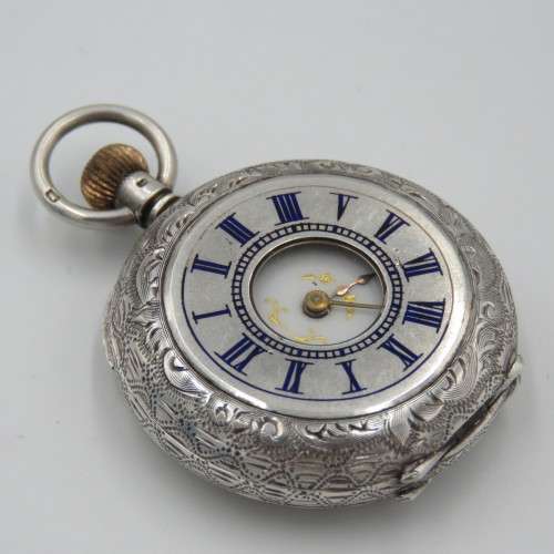 Antique Sterling silver half hunter ladies pocket watch - working
