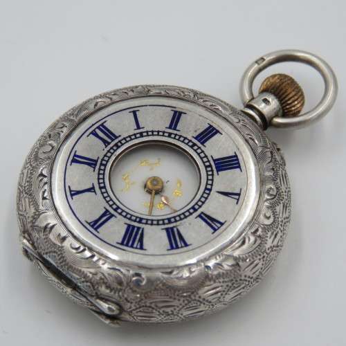 Antique Sterling silver half hunter ladies pocket watch - working