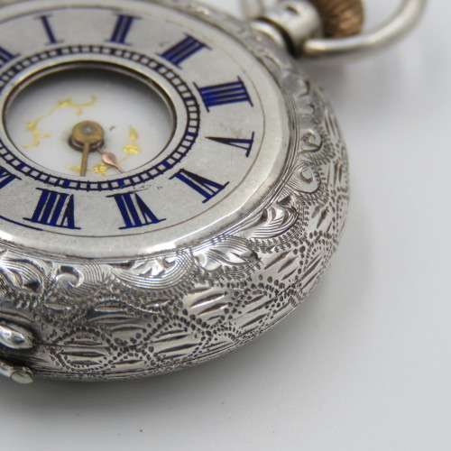Antique Sterling silver half hunter ladies pocket watch - working