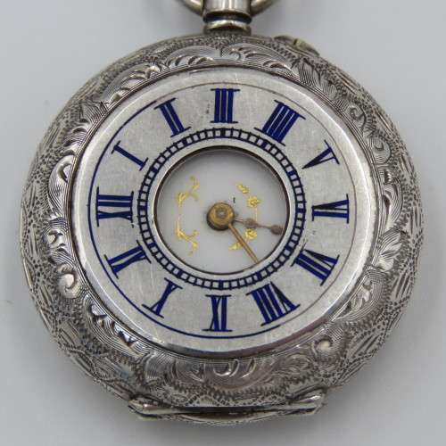 Antique Sterling silver half hunter ladies pocket watch - working