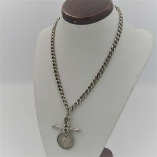 Antique hallmarked sterling silver fob chain with 1887 British  silver shilling - weighs 52,5 grams