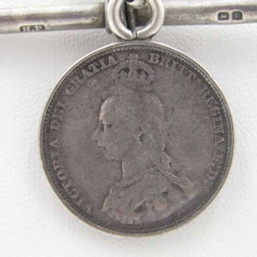 Antique hallmarked sterling silver fob chain with 1887 British  silver shilling - weighs 52,5 grams