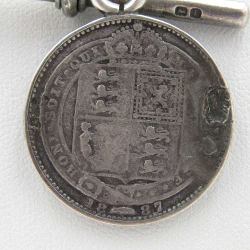 Antique hallmarked sterling silver fob chain with 1887 British  silver shilling - weighs 52,5 grams