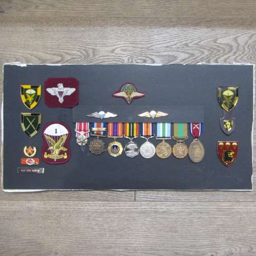 SADF Border War Medal and badges display of Paratrooper Van der Merwe