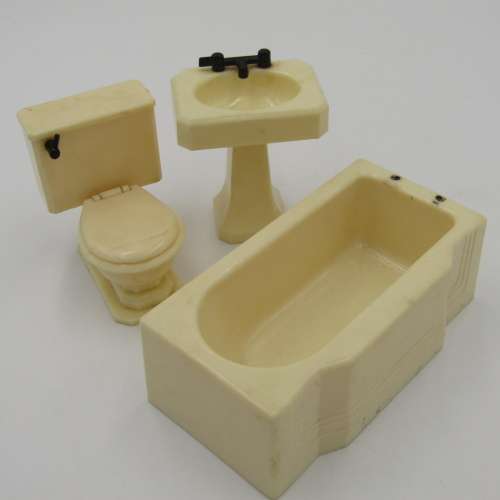 Doll`s house furniture vintage bathroom fittings / furniture - bath - toilet - bathroom basin