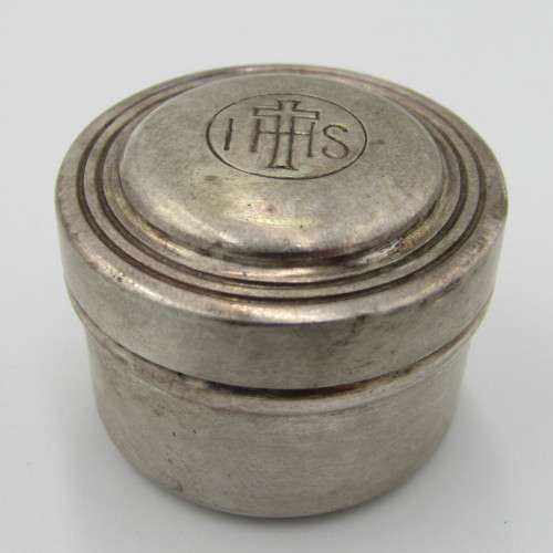 Antique E.P.N.S pill box - marked IHS with cross on lid