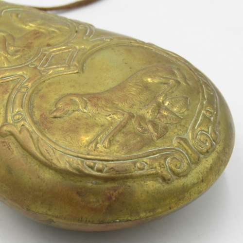 Antique brass gun powder flask with duck hunting theme