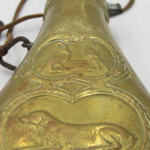 Antique brass gun powder flask with duck hunting theme