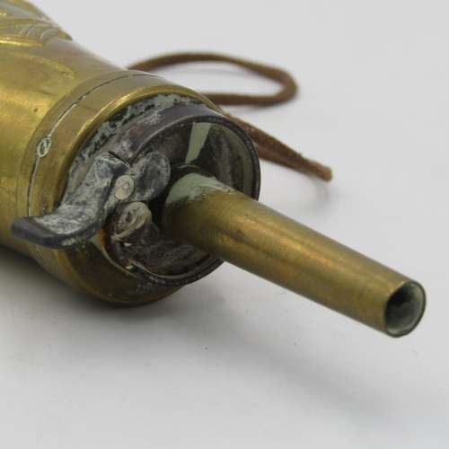 Antique brass gun powder flask with duck hunting theme