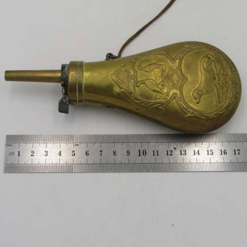 Antique brass gun powder flask with duck hunting theme
