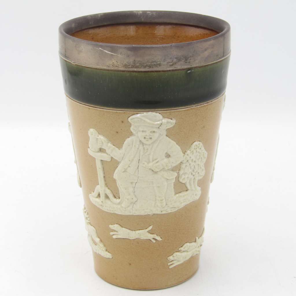 Antique Doulton Lambeth England stoneware tumbler with hallmarked silver rim