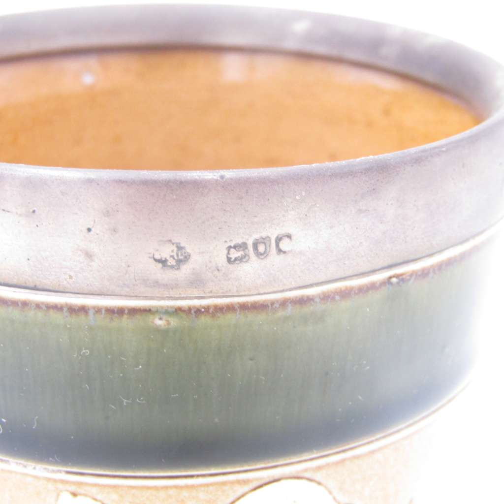 Antique Doulton Lambeth England stoneware tumbler with hallmarked silver rim