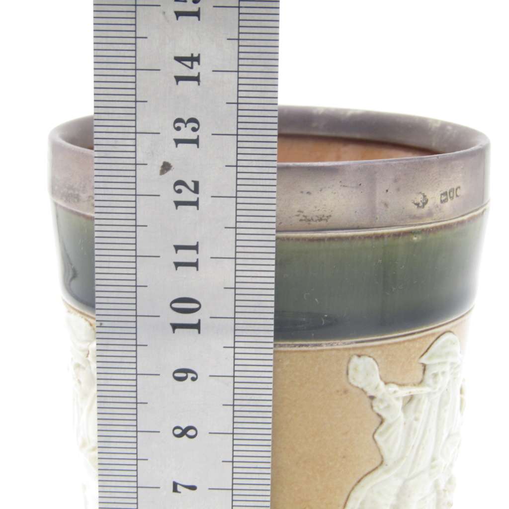 Antique Doulton Lambeth England stoneware tumbler with hallmarked silver rim
