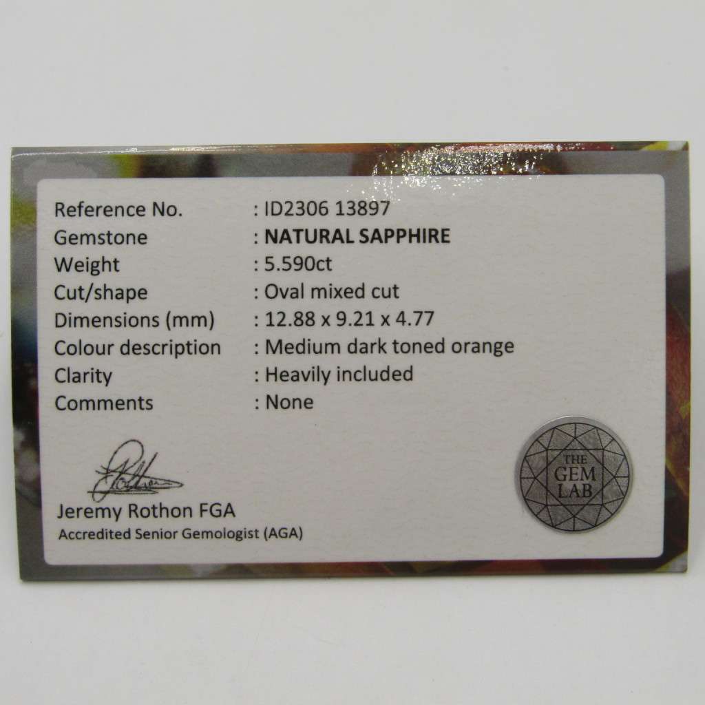 Natural Sapphire of 5,59 carat - oval mixed cut medium dark toned orange with Gemlab certificate