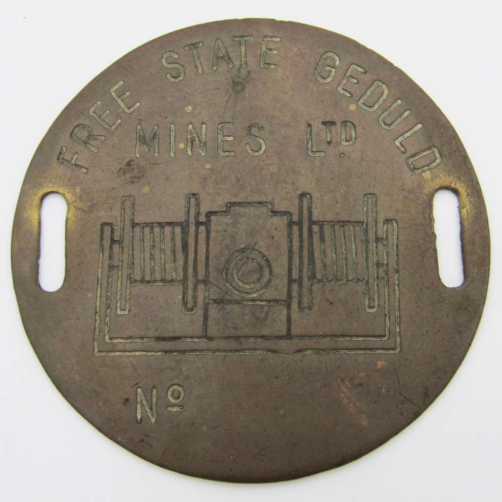 Vintage Free State Geduld Mines brass arm badge #390