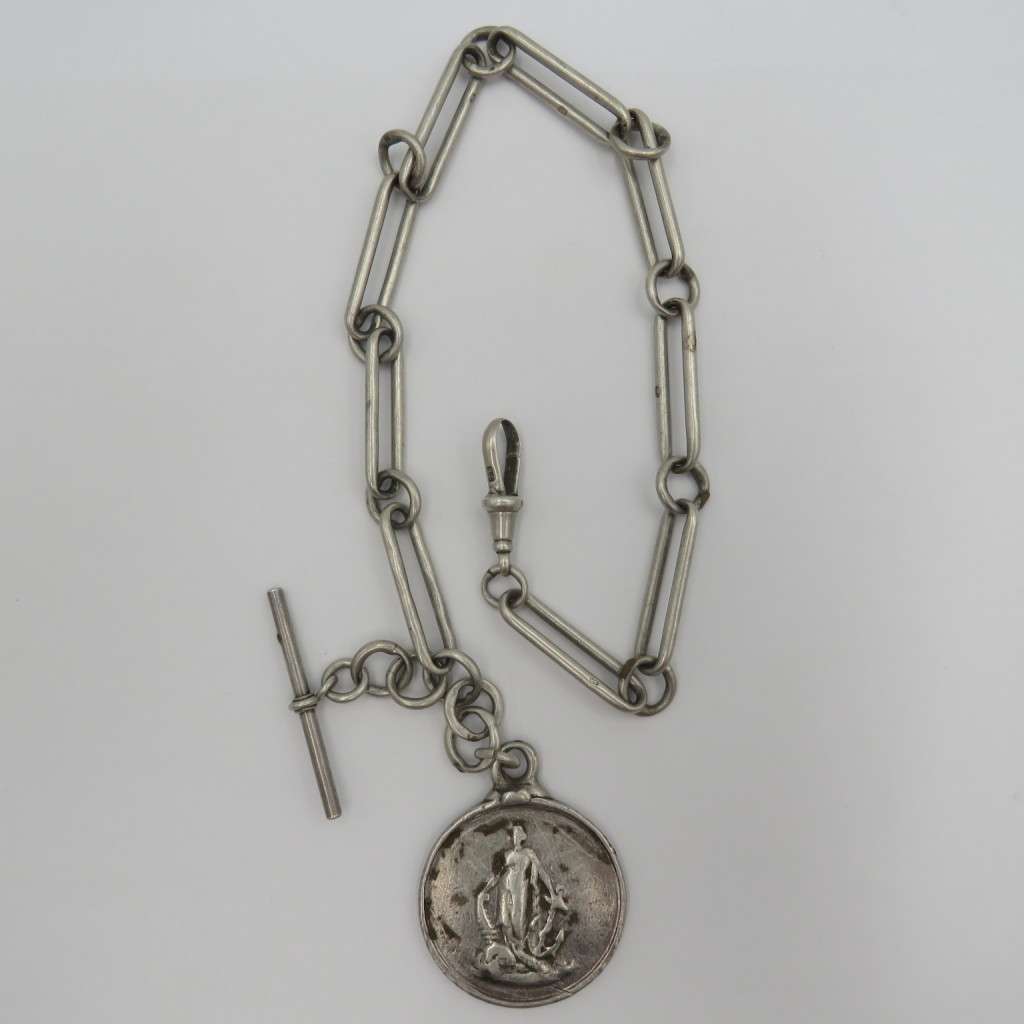 Antique Sterling silver pocketwatch fob chain with silver medallion