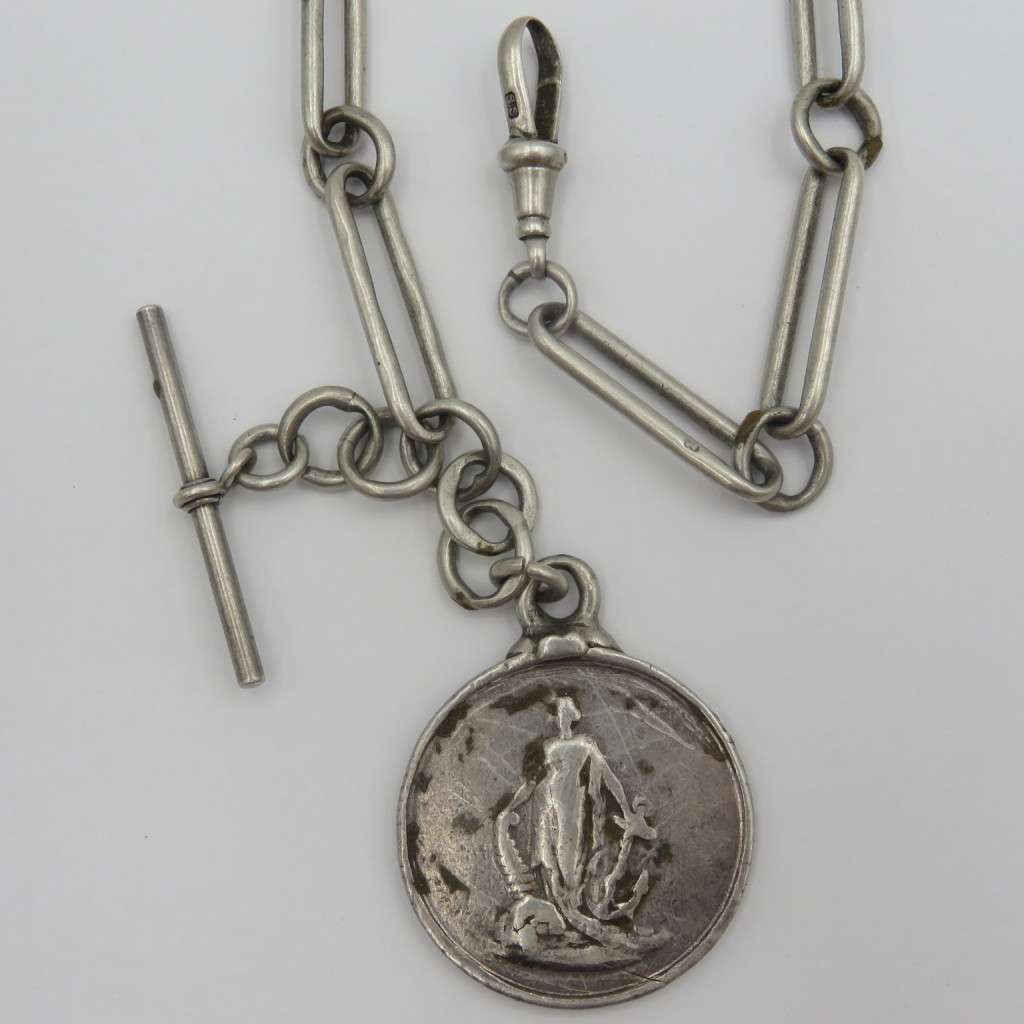 Antique Sterling silver pocketwatch fob chain with silver medallion