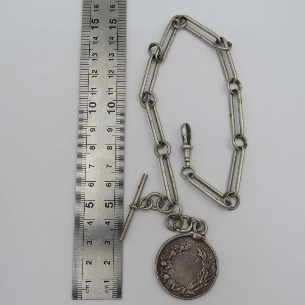 Antique Sterling silver pocketwatch fob chain with silver medallion