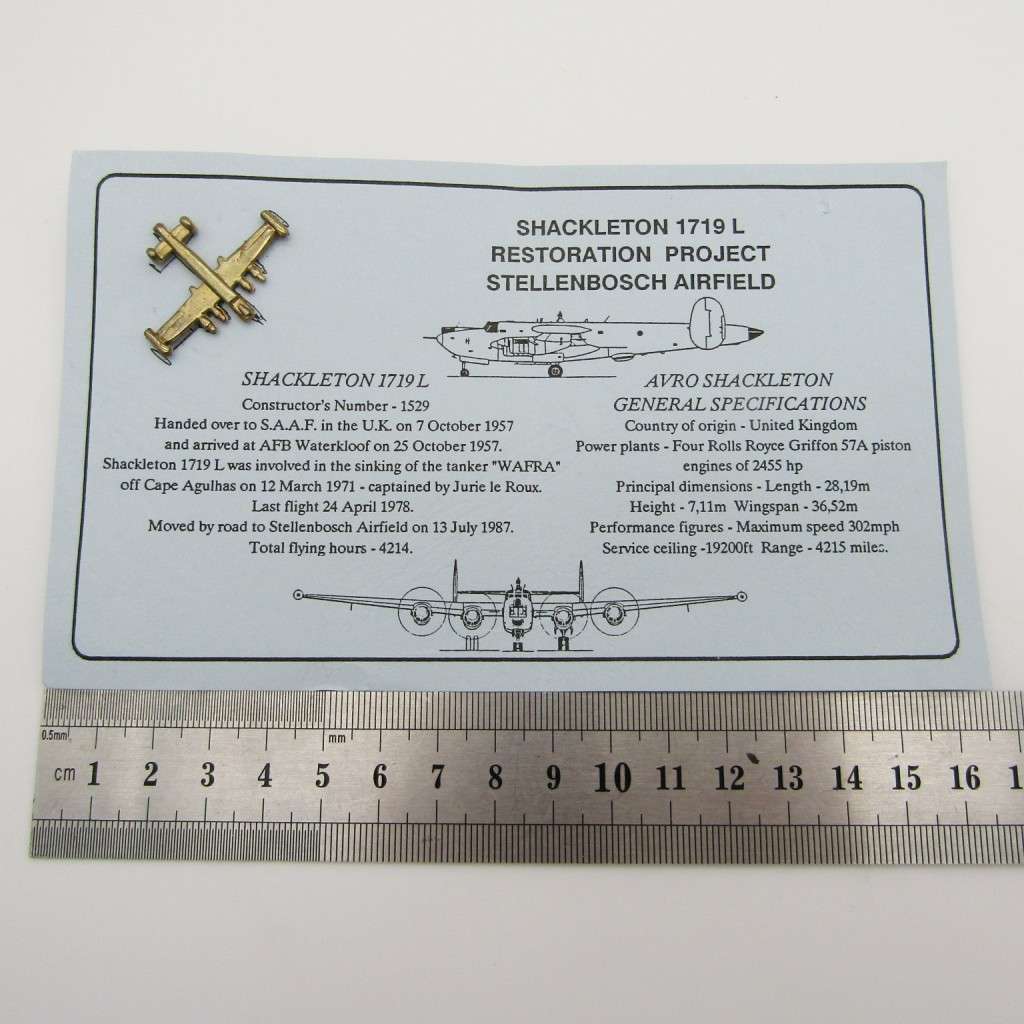 Shackleton 1719 L restoration project card and pin