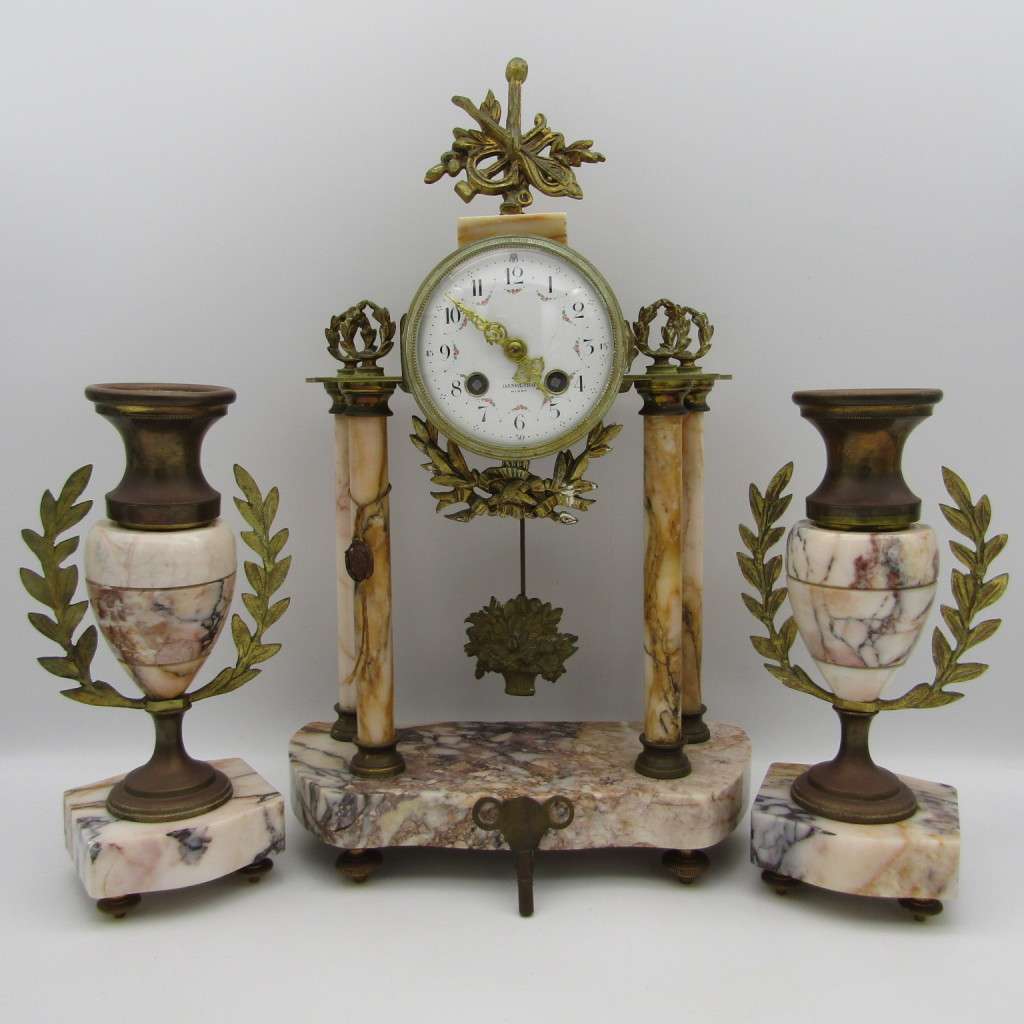 Antique Danglard Niort French gilt and marble clock with garnitures