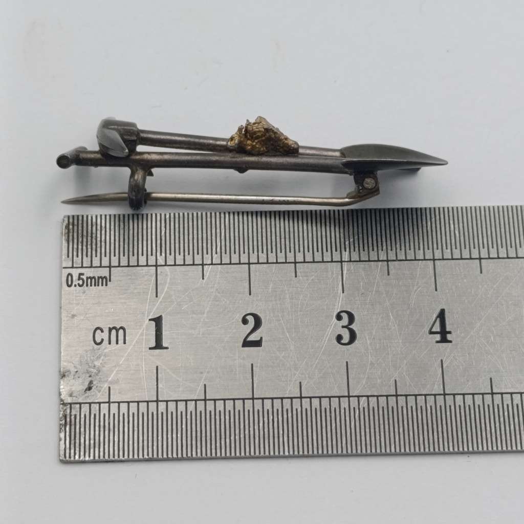 Antique Gold diggers pick and shovel brooch with 9kt gold nugget in original box