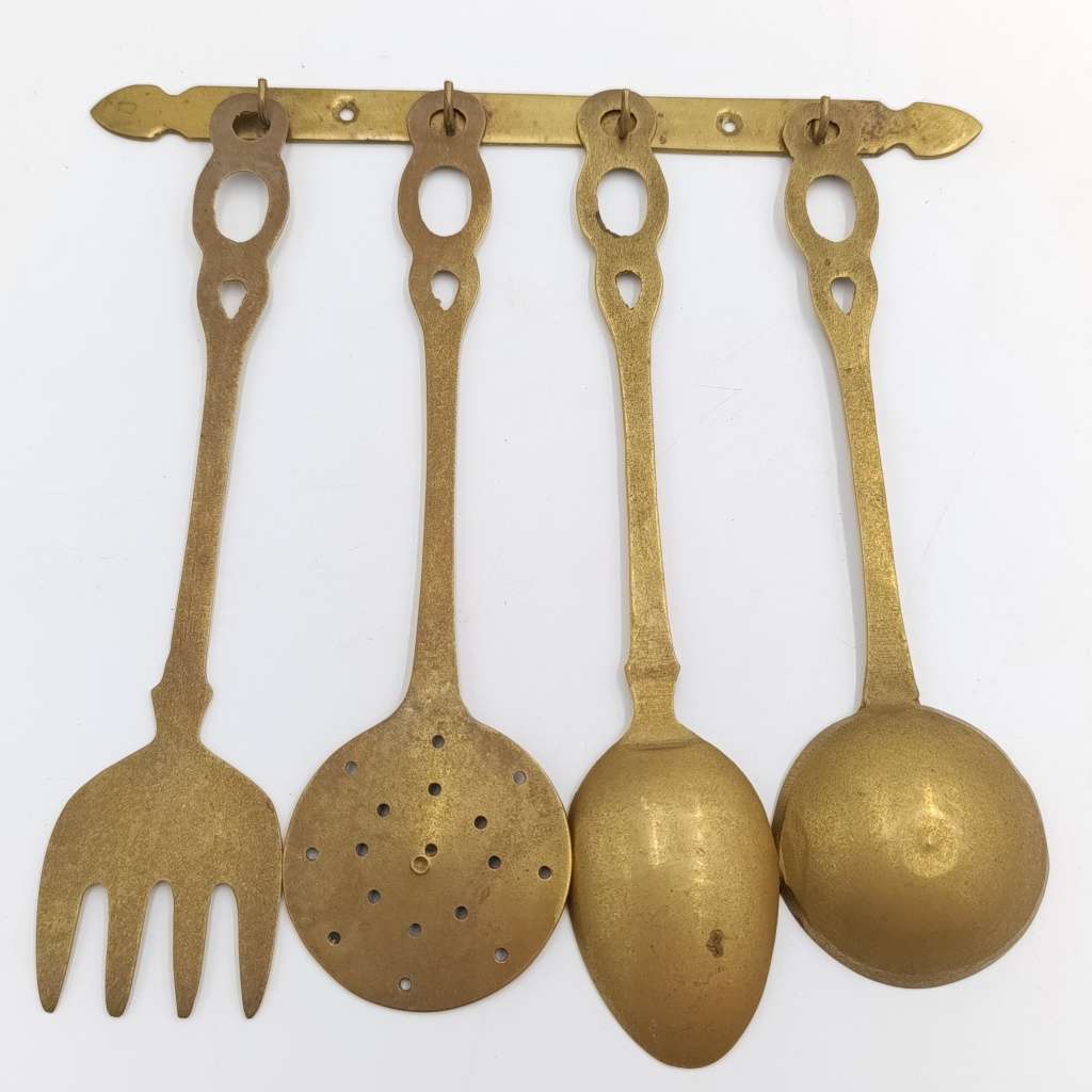 Set of vintage brass wall hanging utensils