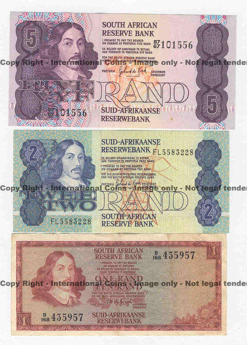 Lot of 13 South African banknotes R1, R2 and R5 - as per scan