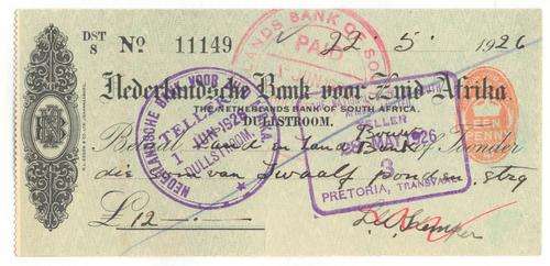 Nederlansche Bank of Zuid Afrika Dullstroom 1926 cheque for 12 pounds