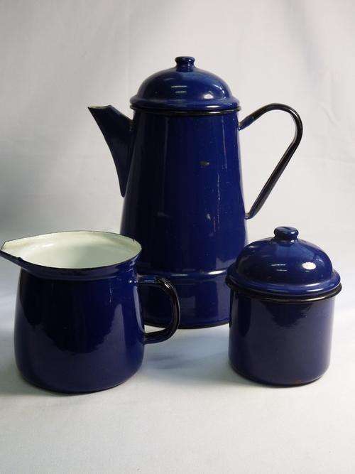 Enameled coffee set of three - coffee pot, milk jug and sugar bowl