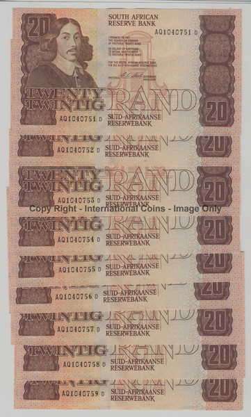 Lot of 9 CL Stals consecutive first issue R20 notes - crisp with centre crease - AQ Prefix