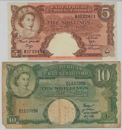 East African currency board 5 Shillings and 10 Shillings banknotes