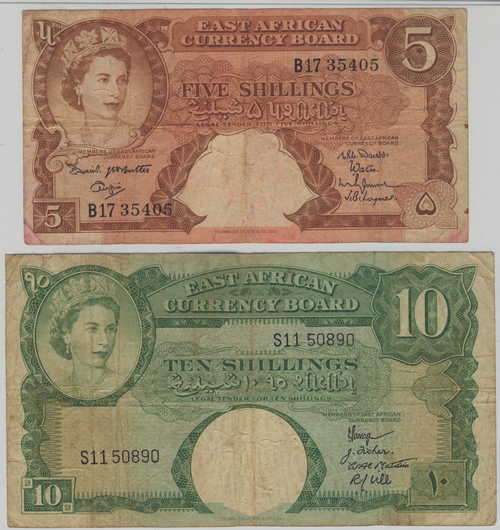 East African currency board 5 Shillings and 10 Shillings banknotes