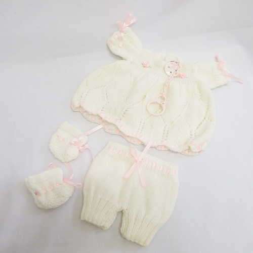 Doll clothes - White and pink knitted high quality set with pink ribbons - will fit newborn baby