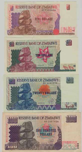 Lot of 4 Zimbabwe banknotes in excellent condition