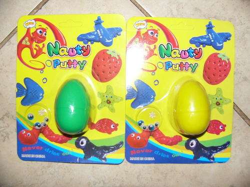 Naughty putty in egg shape plastic container.