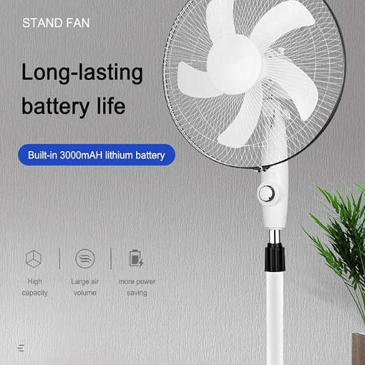 Floor Standing Vibrating Stand Fan 3 Speed, Heavy Duty Base, Rechargeable Stand Fan