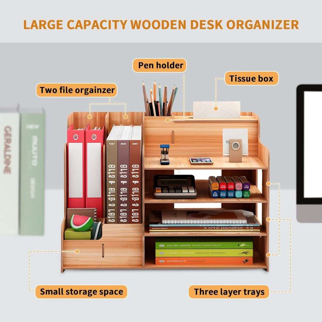 Desk Organizer Wood Desk Organizer with 3 Trays - Assembly Required - Large Desk File Organizer