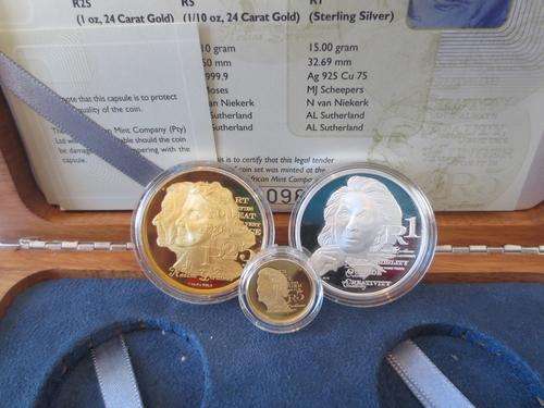 2010 SA Protea Nadine Gordimer Prestige Set - 1oz Gold, 1/10th Gold & R1 Silver | Mintage: 190 Only